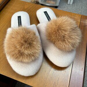 NakedCashmere Mule Slippers with fox fur ball pom pom - beige - S/M